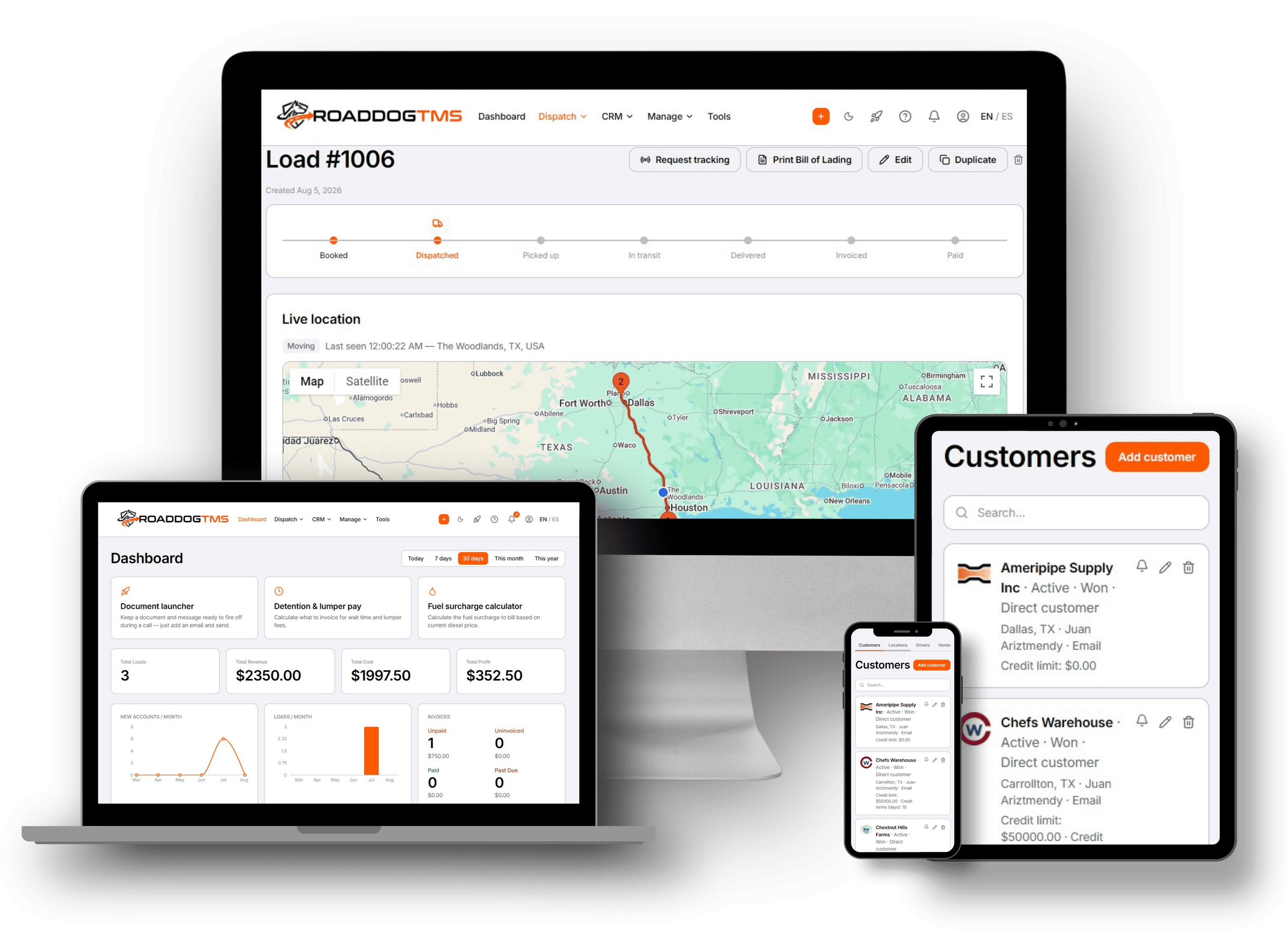 The RoadDogTMS dashboard on desktop and the customer list on mobile